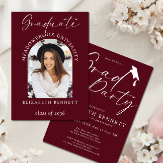 Burgundy Modern Arch Photo Graduation Party Invitation