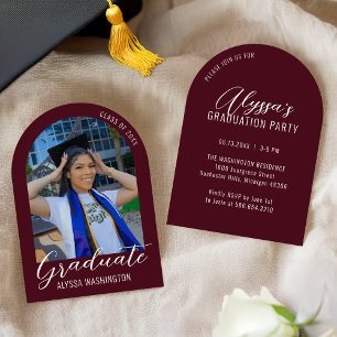 Burgundy Modern Arch Photo Graduation Party Invitation