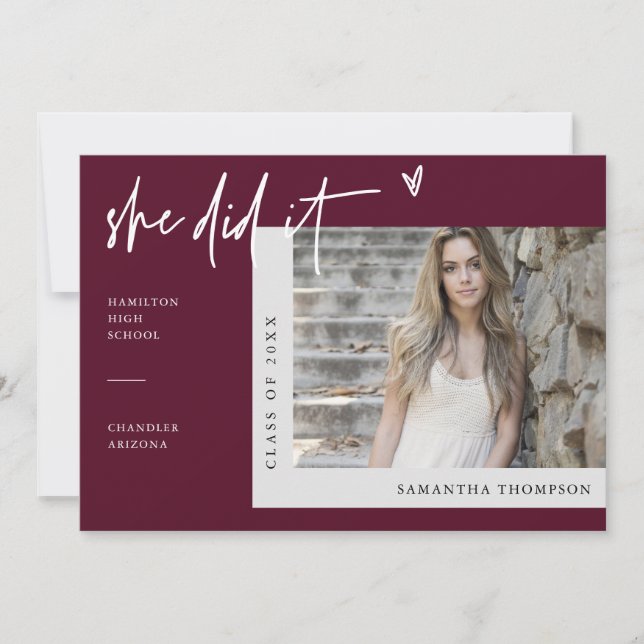 Burgundy Modern Boho She Did It Grad Photo Invite (Front)