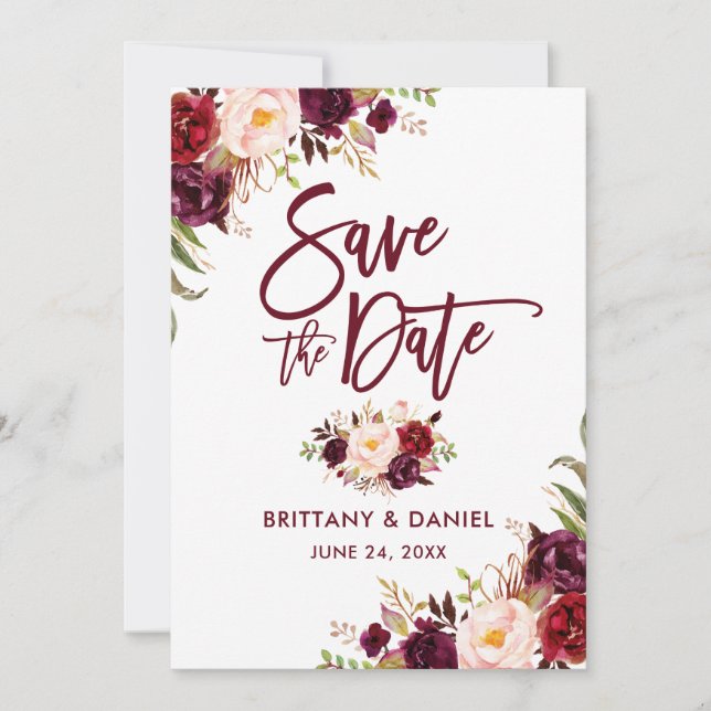 Burgundy Modern Brush Script Floral Save The Date (Front)
