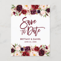 Burgundy Modern Brush Script Save the Date Floral
