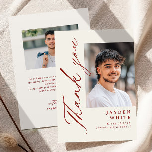Burgundy Modern Calligraphy Photo Graduation Thank You Card