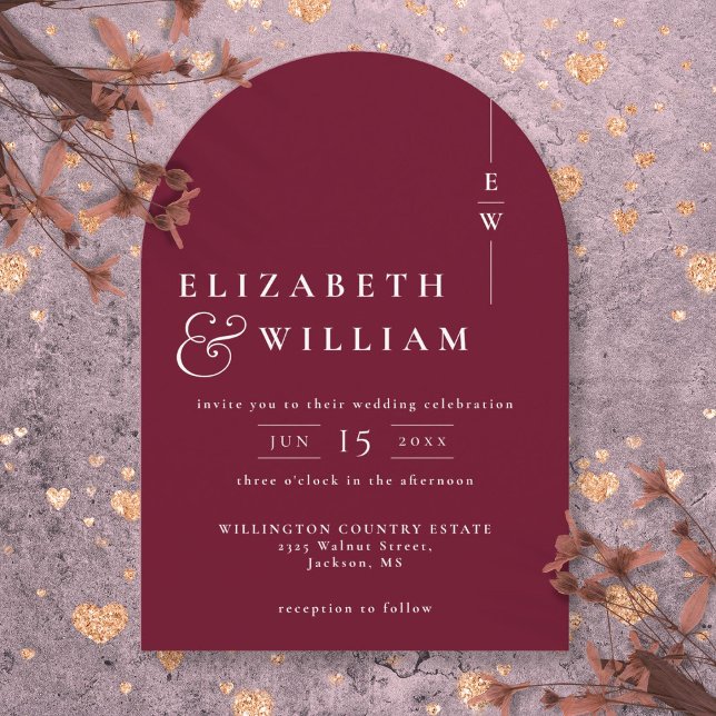 Burgundy Modern Elegant Chic Monogram Wedding Arch Invitation (Burgundy Modern Elegant Chic Monogram Wedding Arch Invitation)