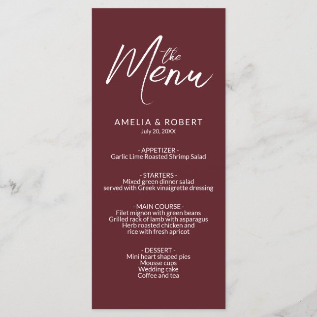 Burgundy Modern Elegant Simple Wedding Menu  (Front)