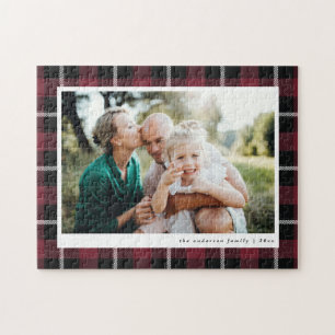Burgundy modern family photo rustic tartan check jigsaw puzzle