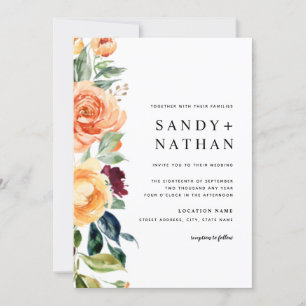 Burgundy Modern Floral Blossoms Wedding Invitation