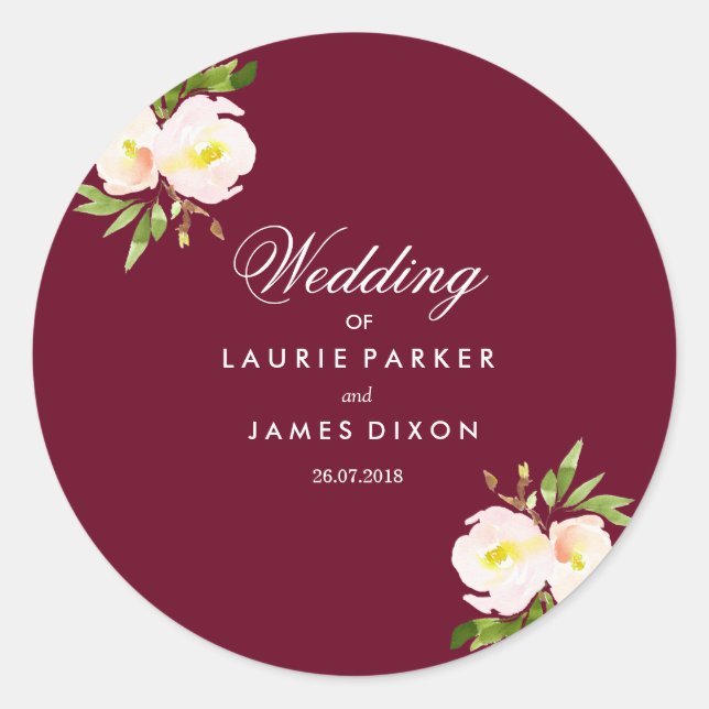 Burgundy Modern Floral Elegant Wedding Sticker (Front)
