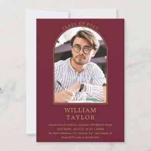 Burgundy Modern Gold Arch Photo Graduation Party I Invitation