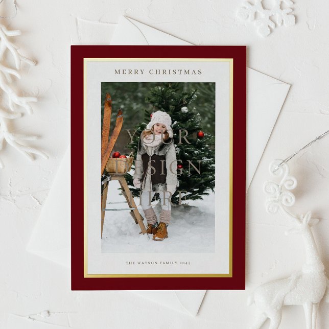 Burgundy Modern Gold Foil Frame Photo Christmas Foil Holiday Postcard (Customizable photo Christmas card featuring gold foil frame and a burgundy background,)