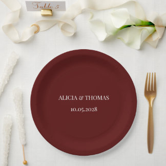 Burgundy Modern Initials Minimalist Wedding  Paper Plate