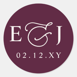 Burgundy Modern Initials Monogram Wedding Classic Round Sticker