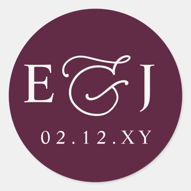 Burgundy Modern Initials Monogram Wedding Classic Round Sticker (Front)