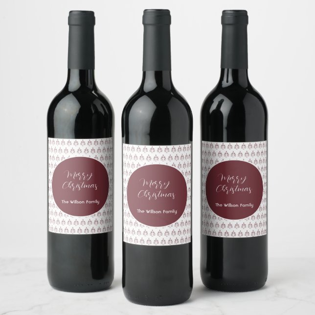 Burgundy Modern Merry Christmas Tree  Wine Label (Bottles)