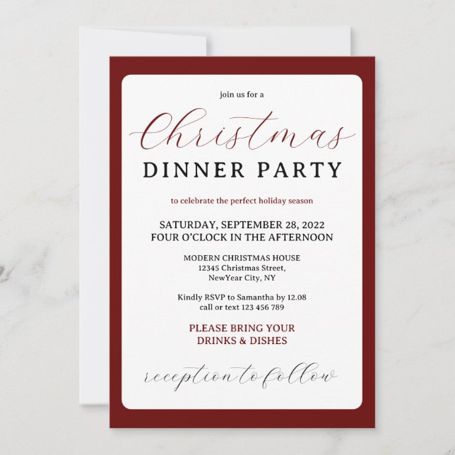 Burgundy Modern Minimal Christmas Dinner Invitation (Front)