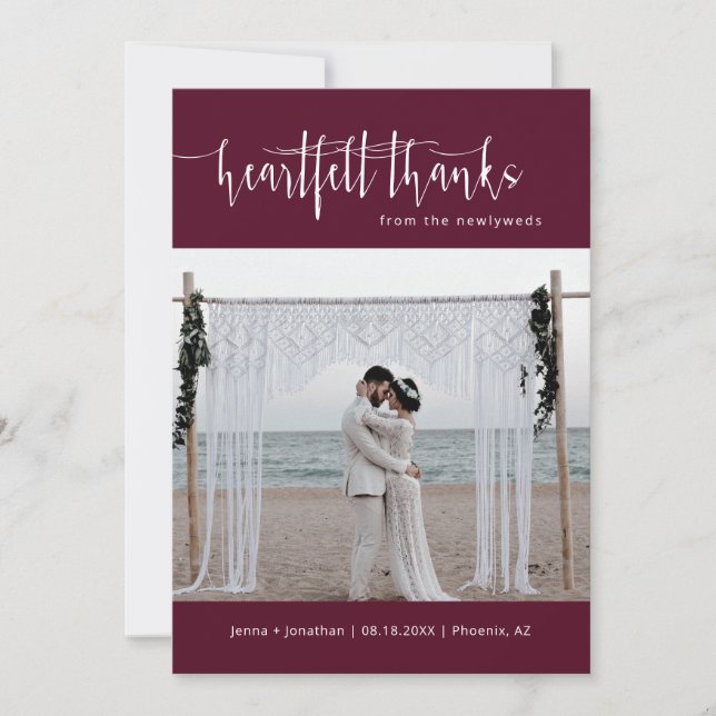 Burgundy Modern Minimal Script Wedding Photo Flat Thank You Card (Front)