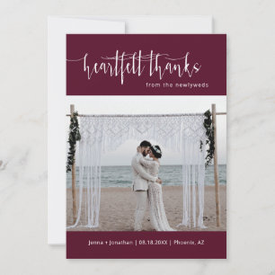 Burgundy Modern Minimal Script Wedding Photo Flat Thank You Card