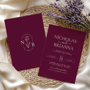 Burgundy Modern Minimalist Boho Wedding Monogram Invitation