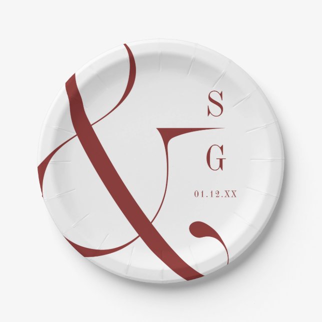 Burgundy modern minimalist couples monogram paper plate (Front)