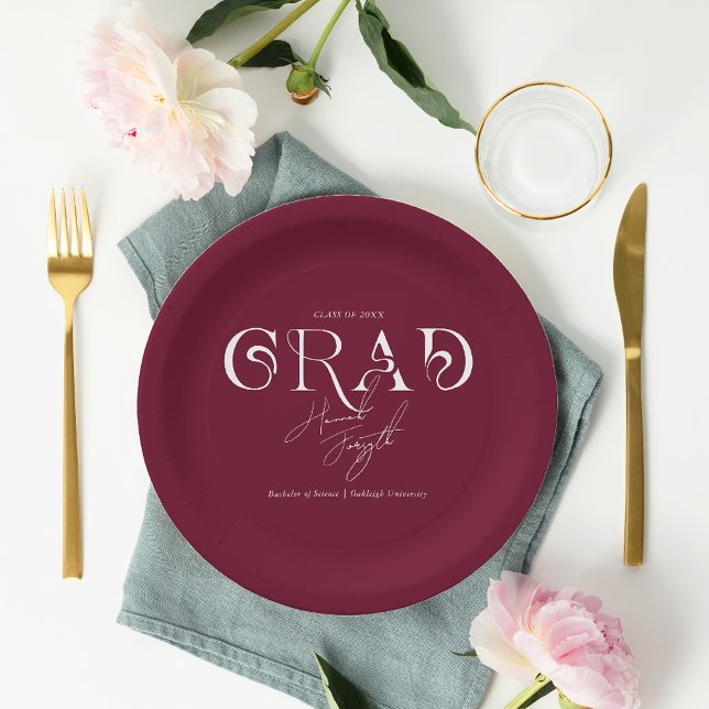Burgundy Modern Minimalist | Graduation Party Paper Plate (Creator Uploaded)