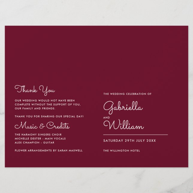 Burgundy Modern Minimalist Script Wedding Program (Front)