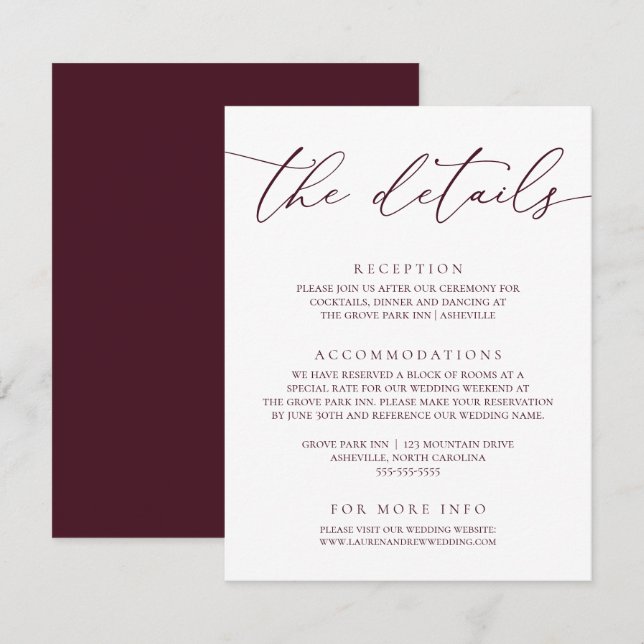 Burgundy Modern Minimalist Wedding Enclosure Card (Front/Back)