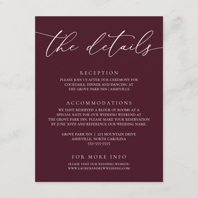 Burgundy Modern Minimalist Wedding Enclosure Card (Front)