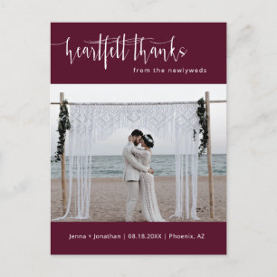 Burgundy Modern Minimalist Wedding Photo Thank You Postcard