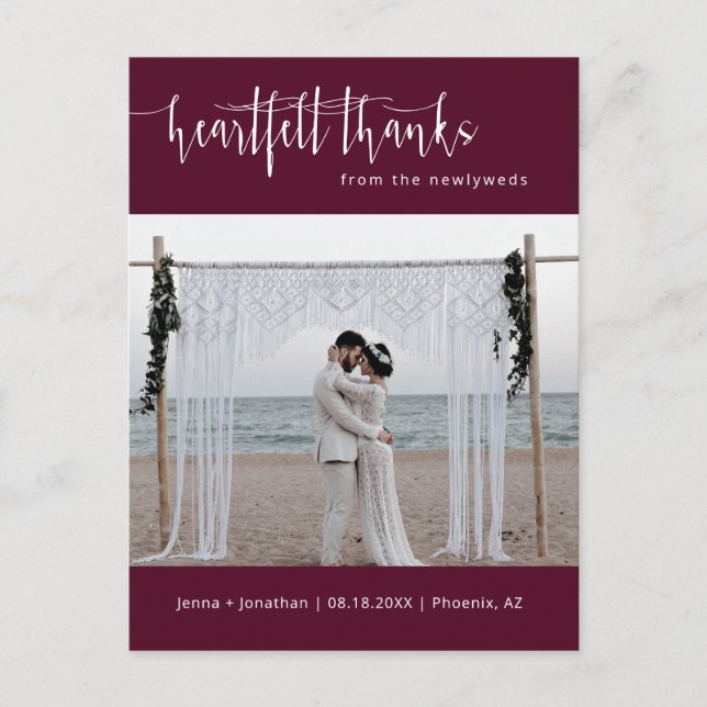 Burgundy Modern Minimalist Wedding Photo Thank You Postcard (Front)