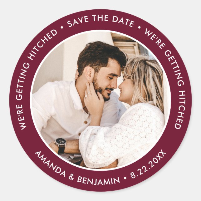 Burgundy Modern Photo Wedding Save The Date Classic Round Sticker (Front)