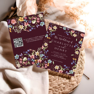 Burgundy Modern QR Code Wildflower Wedding  Invitation