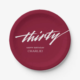 Burgundy Modern Script 30th Birthday Party Paper Plate
