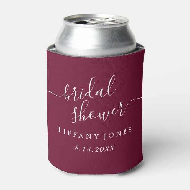 Burgundy Modern Script Bridal Shower Can Cooler (Can Front)
