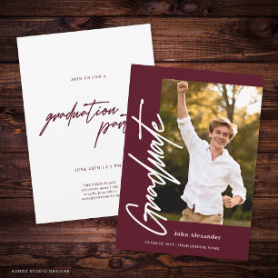 Burgundy Modern Script Graduate Photo Graduation Invitation