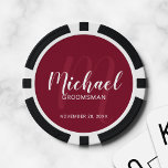 Burgundy Modern Script Personalised Groomsmen Poker Chips<br><div class="desc">Add a personal touch to your wedding with personalised groomsmen poker chips. This design features personalised groomsmen's name in white modern script font style and monogram in light burgundy red modern script font style as background with title and wedding date in white modern sans serif font style on burgundy red...</div>
