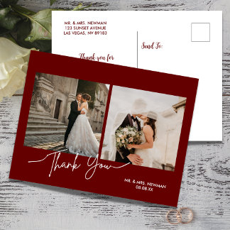Burgundy Modern Script Photo Wedding Thank You Postcard