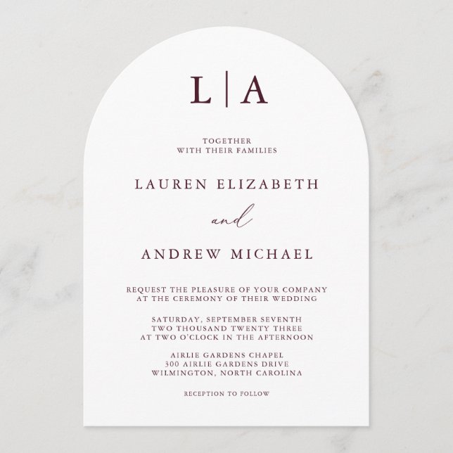 Burgundy Monogram Arch Simple Minimalist Wedding Invitation (Front)