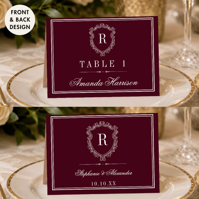 Burgundy Monogram Crest Wedding Guest Place Card (Creator Uploaded)