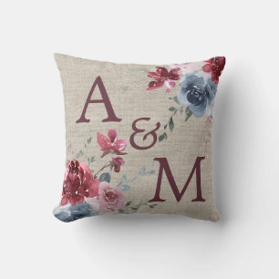 Burgundy Monogram Dusty Rose Blue Floral Linen Cushion