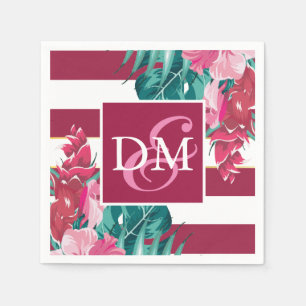 Burgundy Monogram Exotic Flowers striped Napkin