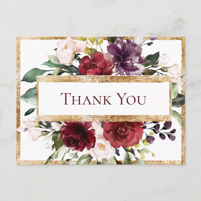 Burgundy Monogram Floral Gold Thank You Postcard (Front)