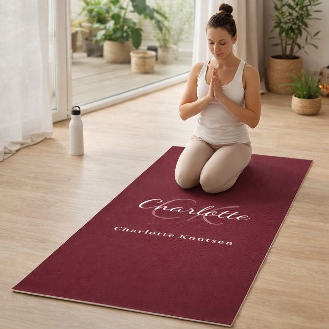 Burgundy monogram initials name yoga mat (Creator Uploaded)