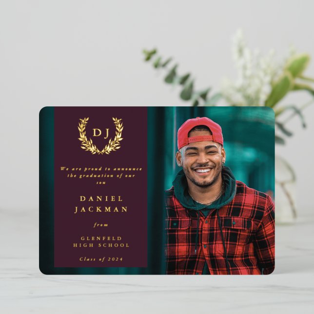 Burgundy Monogram + Laurel Graduation Announcement (Standing Front)