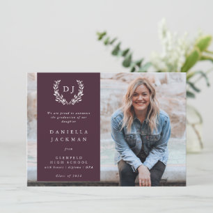 Burgundy Monogram Laurel Wreath Graduation Photo Announcement