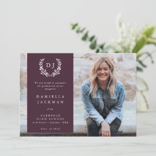 Burgundy Monogram Laurel Wreath Graduation Photo Announcement
