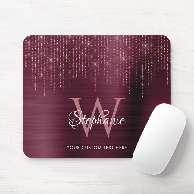 Burgundy Monogram Rose Gold Sparkle  Mouse Mat (With Mouse)