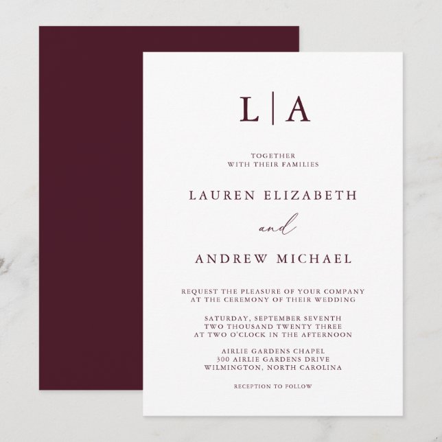 Burgundy Monogram Simple Minimalist Wedding Invitation (Front/Back)