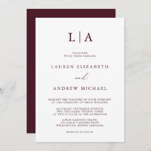Burgundy Monogram Simple Minimalist Wedding Invitation