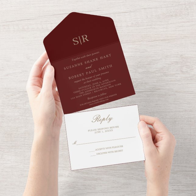 Burgundy Monogram Wedding All All In One All In One Invitation (Tearaway)
