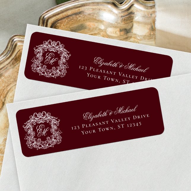 Burgundy Monogram Wedding Crest Return Address (Creator Uploaded)