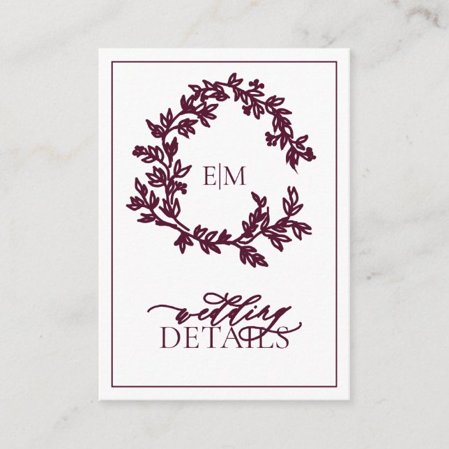 Burgundy Monogram Wedding Details Enclosure Card (Front)